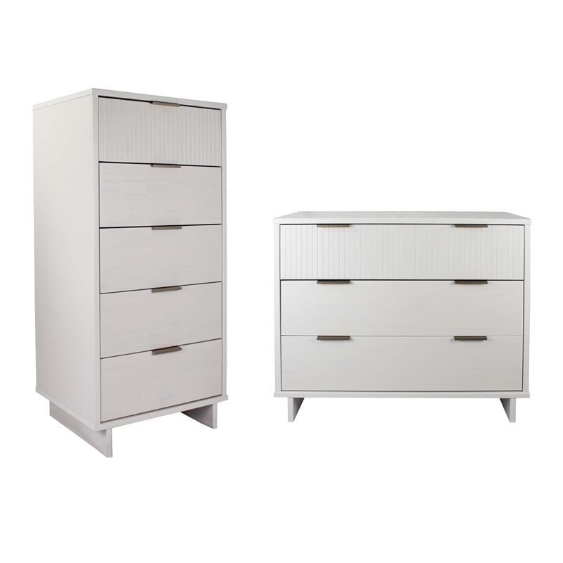 2-Piece Granville Solid Wood Tall Narrow and Standard Dresser Set in White
