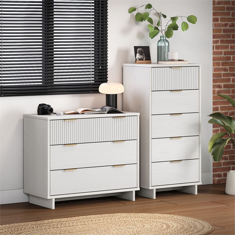 2-Piece Granville Solid Wood Tall Narrow and Standard Dresser Set in White