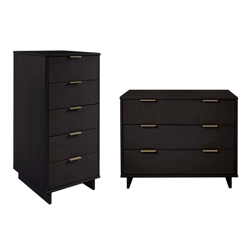2-Piece Granville Solid Wood Tall Narrow and Standard Dresser Set in Black