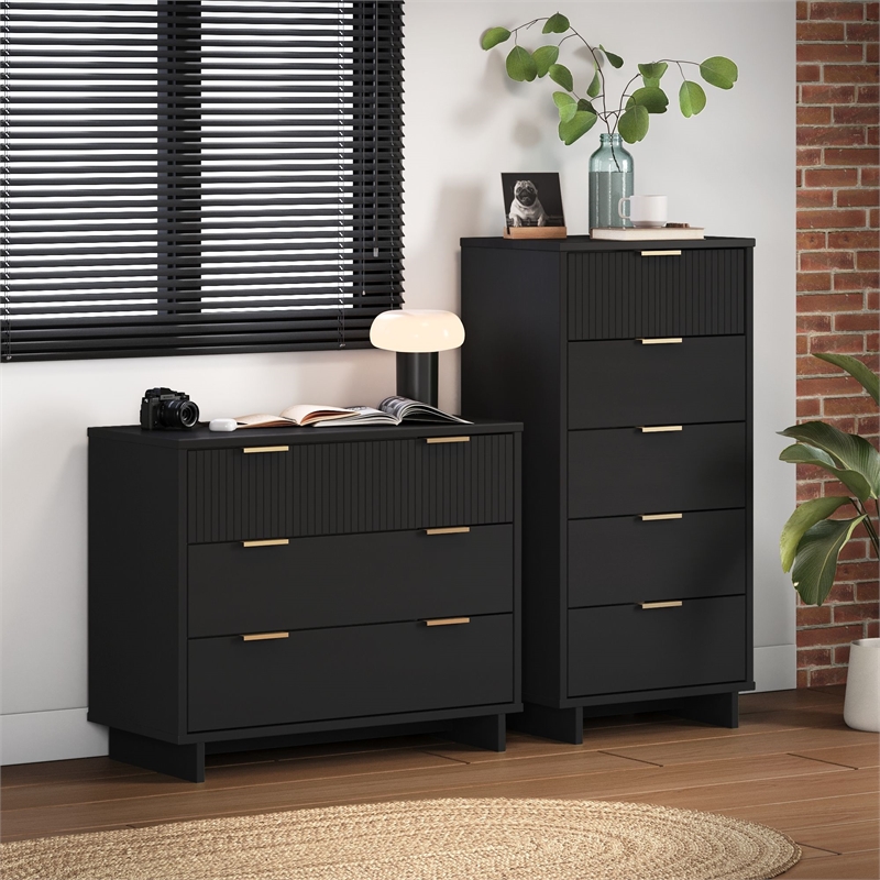 2-Piece Granville Solid Wood Tall Narrow and Standard Dresser Set in Black