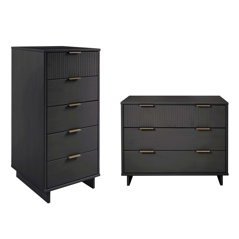 2-Piece Granville Solid Wood Tall Narrow and Standard Dresser Set in Dark Grey