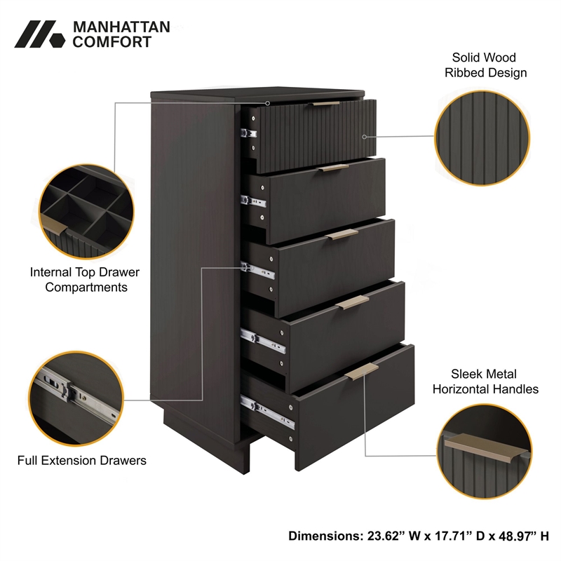 2-Piece Granville Solid Wood Tall Narrow and Standard Dresser Set in Dark Grey