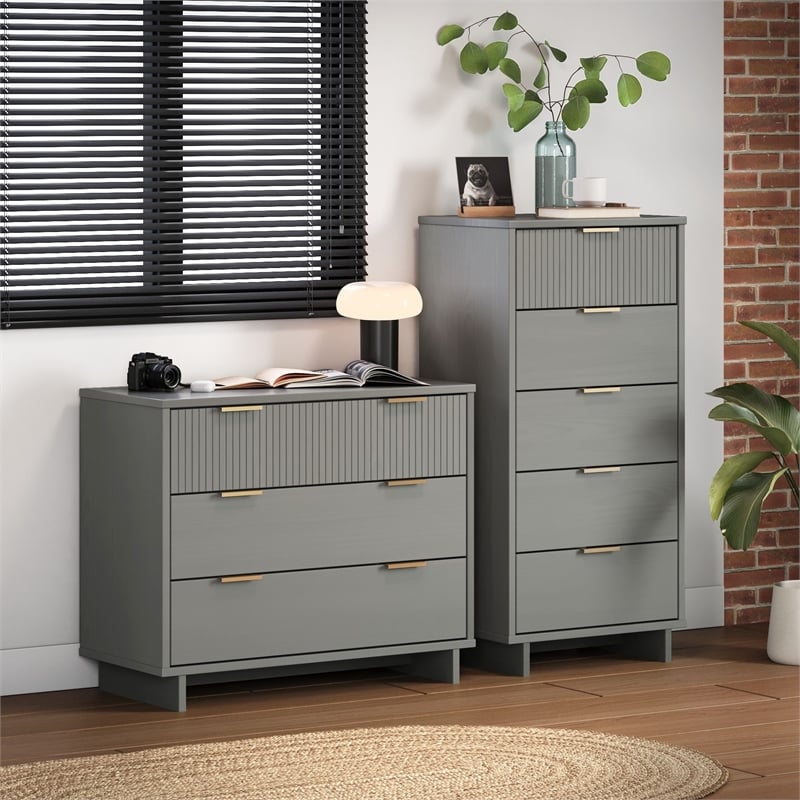 2-Piece Granville Solid Wood Tall Narrow and Standard Dresser Set in Light Grey