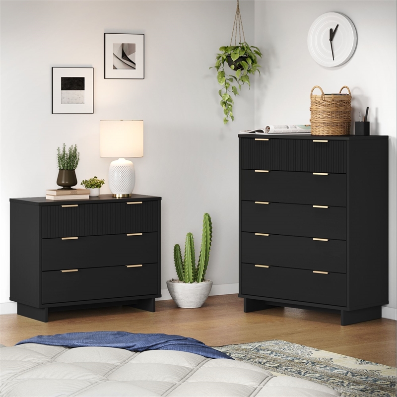 2-Piece Granville Solid Wood Tall Chest and Standard Dresser Set in Black