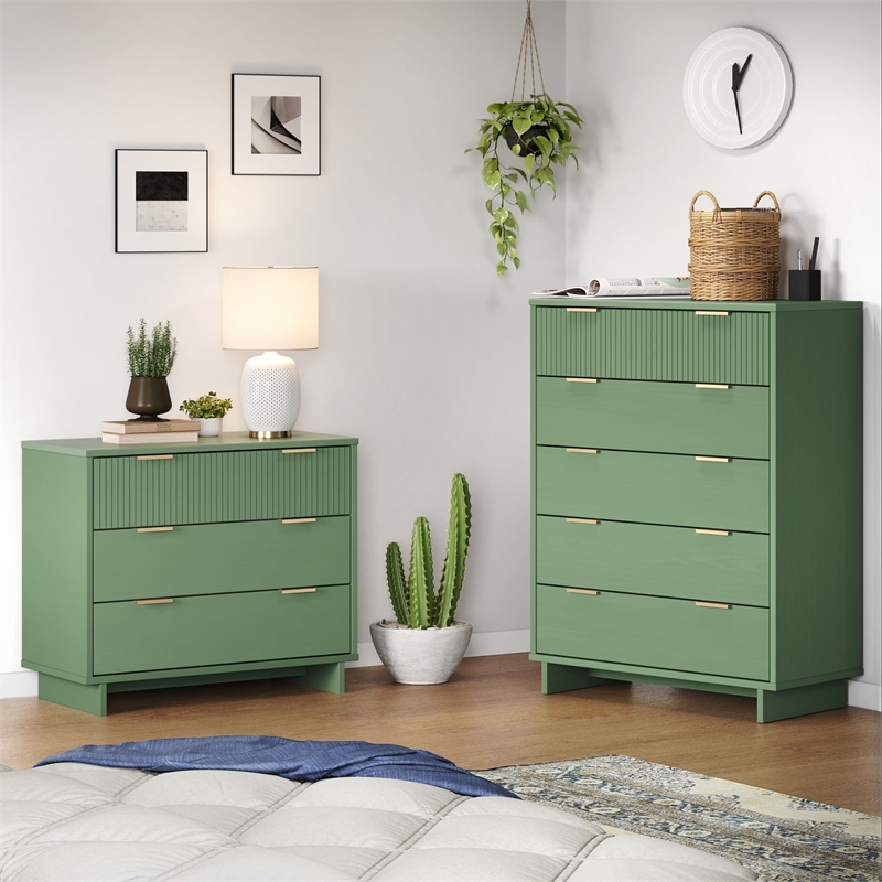 2-Piece Granville Solid Wood Tall Chest and Standard Dresser Set in Sage Green
