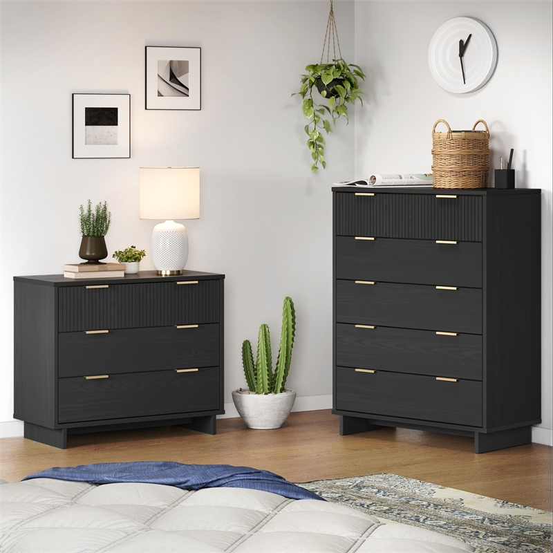 2-Piece Granville Solid Wood Tall Chest and Standard Dresser Set in Dark Grey