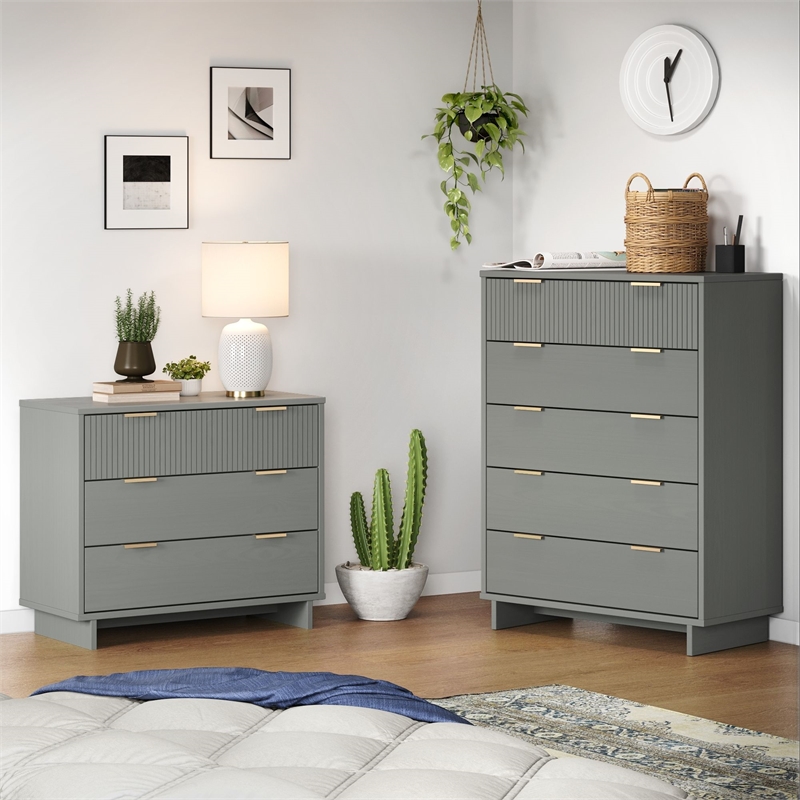 2-Piece Granville Solid Wood Tall Chest and Standard Dresser Set in Light Grey