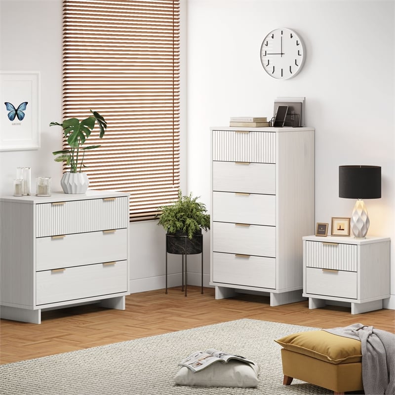 3-Piece Granville Solid Wood Dresser Chest and Nightstand Set in White