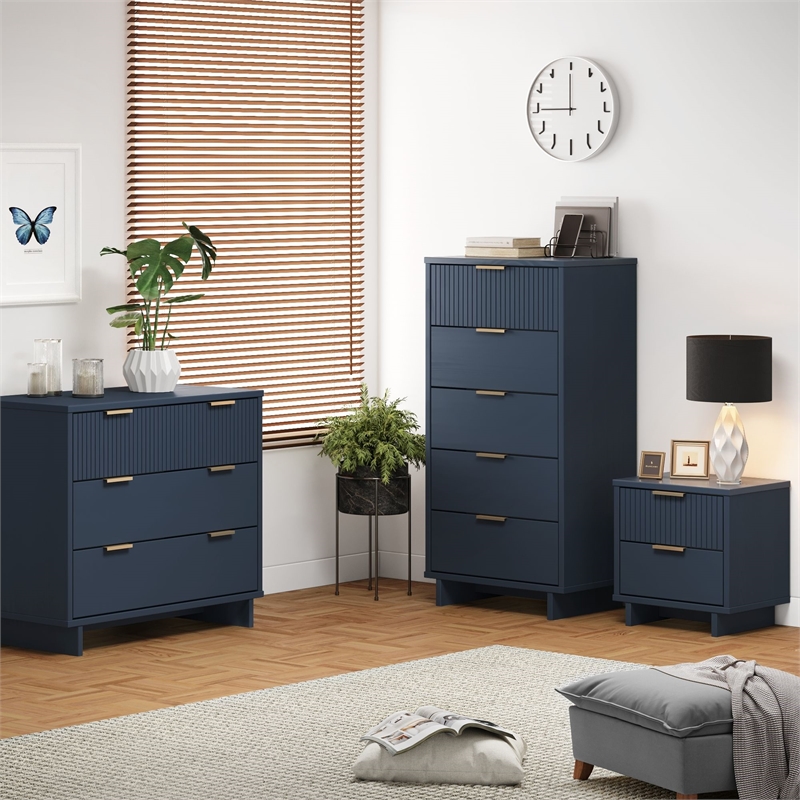 3-Piece Granville Solid Wood Dresser Chest and Nightstand Set in Midnight Blue