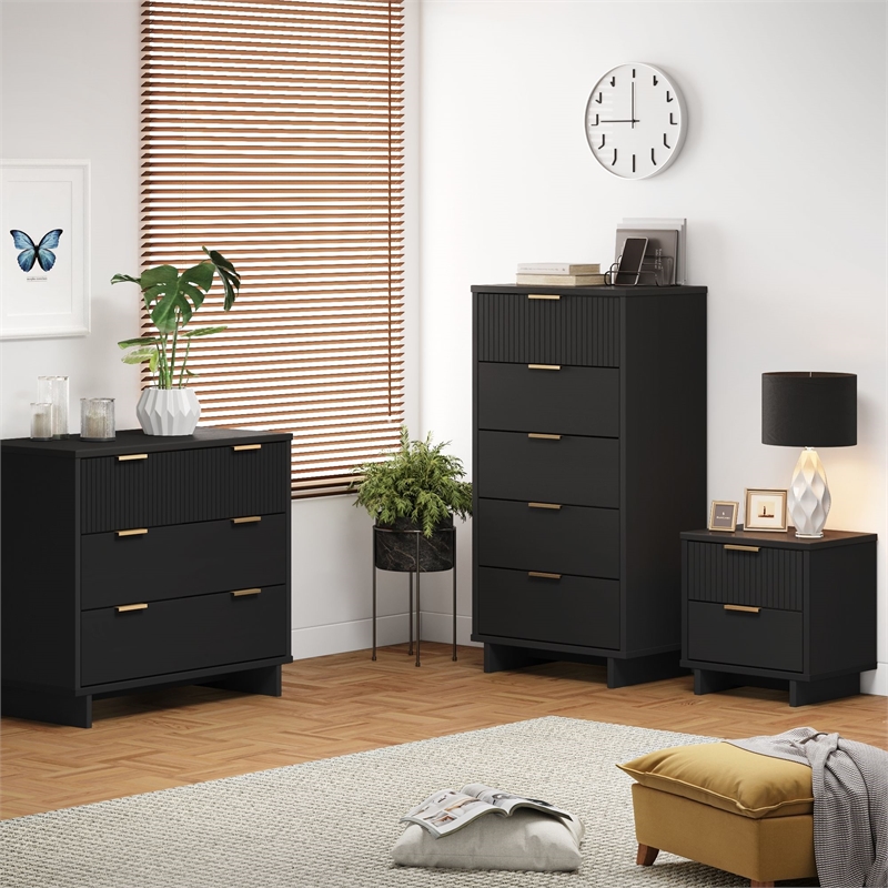 3-Piece Granville Solid Wood Dresser Chest and Nightstand Set in Black