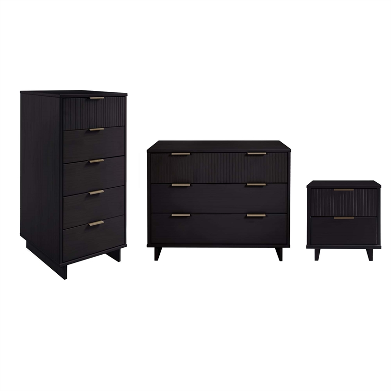 3-Piece Granville Solid Wood Dresser Chest and Nightstand Set in Black