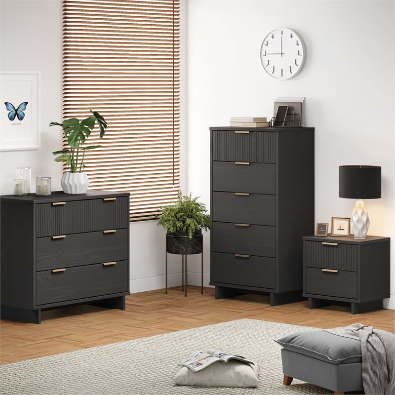 3-Piece Granville Solid Wood Dresser Chest and Nightstand Set in Dark Gray
