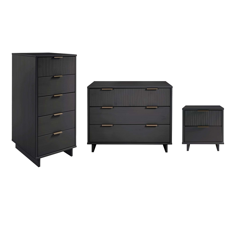 3-Piece Granville Solid Wood Dresser Chest and Nightstand Set in Dark Gray