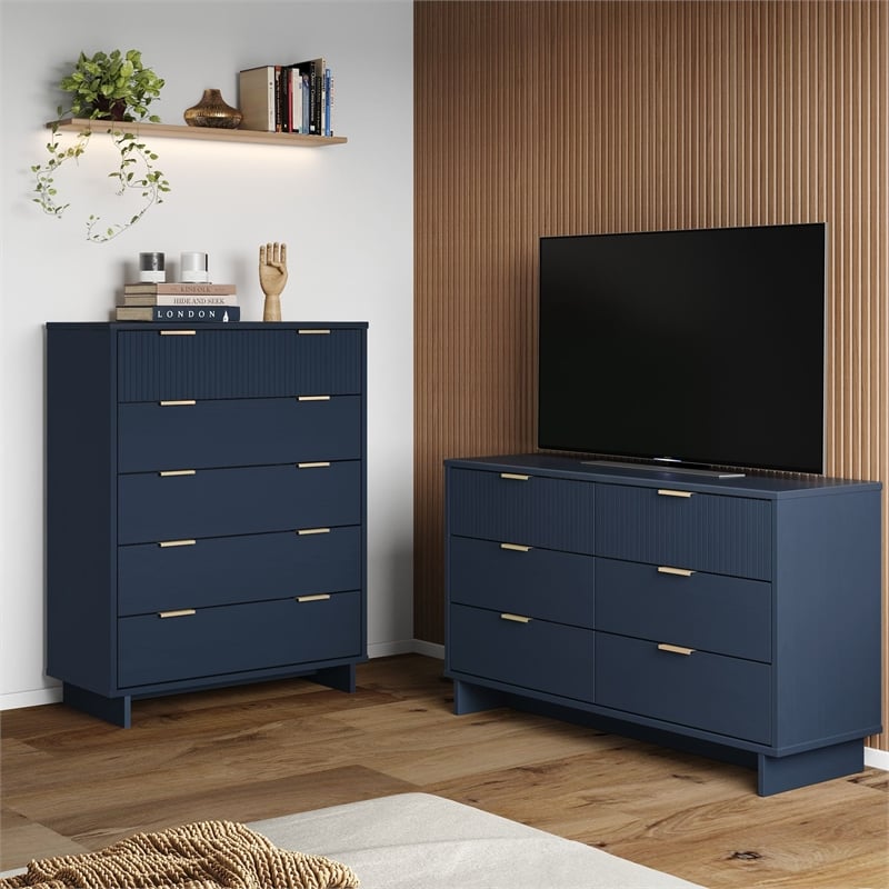 2-Piece Granville Solid Wood Tall Chest and Double Dresser Set in Midnight Blue