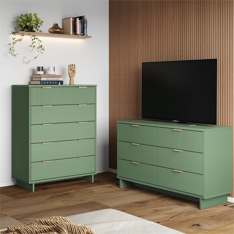 2-Piece Granville Solid Wood Tall Chest and Double Dresser Set in Sage Green