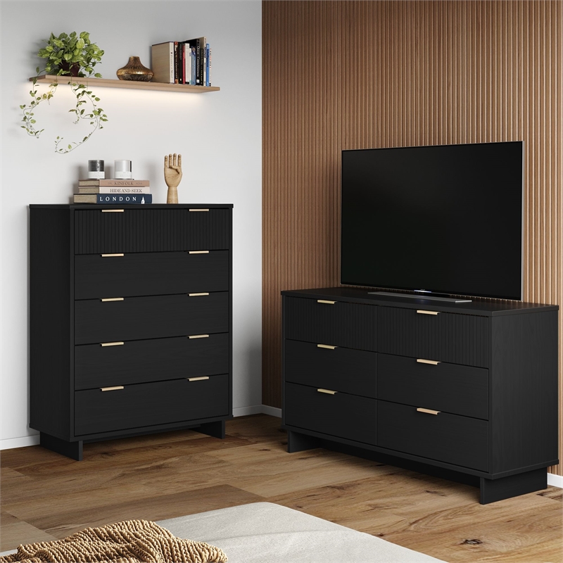 2-Piece Granville Solid Wood Tall Chest and Double Dresser Set in Black
