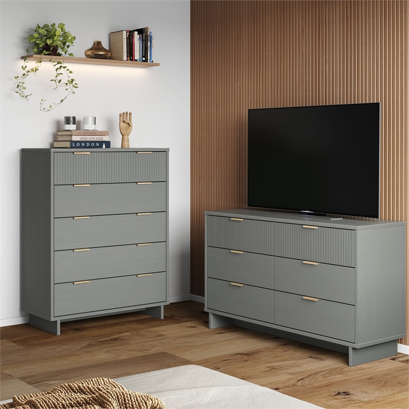 2-Piece Granville Solid Wood Tall Chest and Double Dresser Set in Light Gray