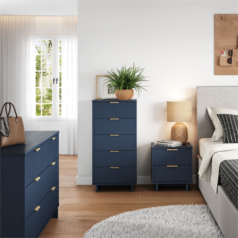 3-Piece Granville Chest Dresser & Nightstand Set from Solid Wood - Midnight Blue