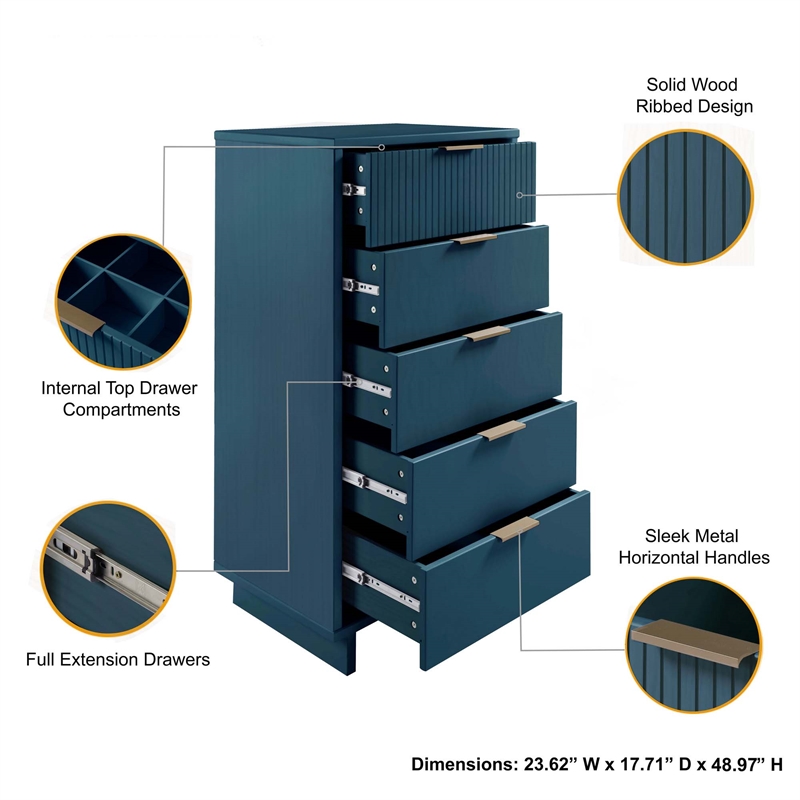 3-Piece Granville Chest Dresser & Nightstand Set from Solid Wood - Midnight Blue