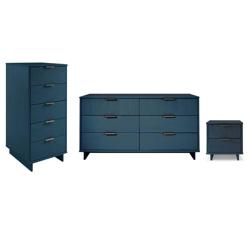 3-Piece Granville Chest Dresser & Nightstand Set from Solid Wood - Midnight Blue
