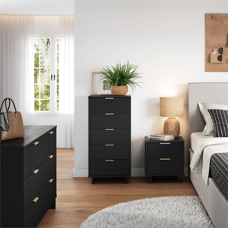 3-Piece Granville Chest Dresser & Nightstand Set from Solid Wood in Black
