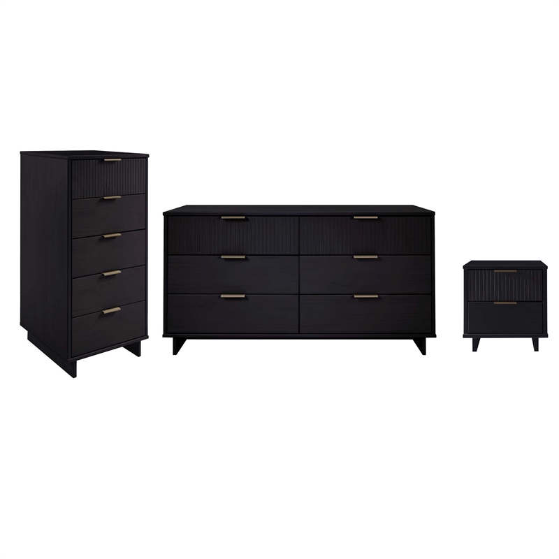 3-Piece Granville Chest Dresser & Nightstand Set from Solid Wood in Black