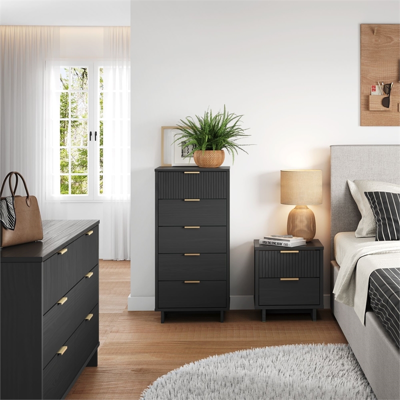 3-Piece Granville Chest Dresser & Nightstand Set from Solid Wood in Dark Gray