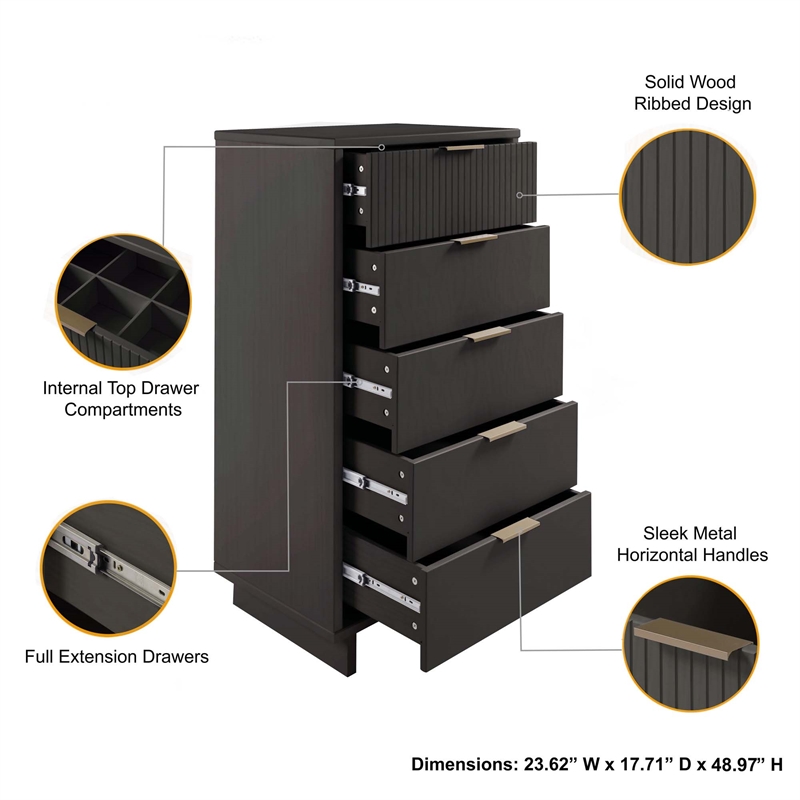 3-Piece Granville Chest Dresser & Nightstand Set from Solid Wood in Dark Gray