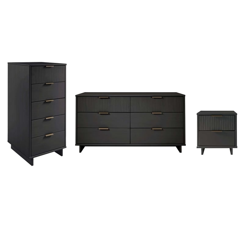 3-Piece Granville Chest Dresser & Nightstand Set from Solid Wood in Dark Gray