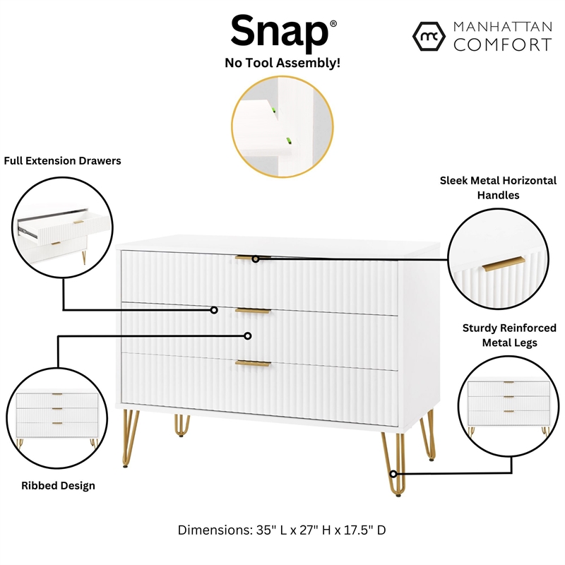 DUMBO Modern Engineered Wood Dresser with 3-Drawers in White