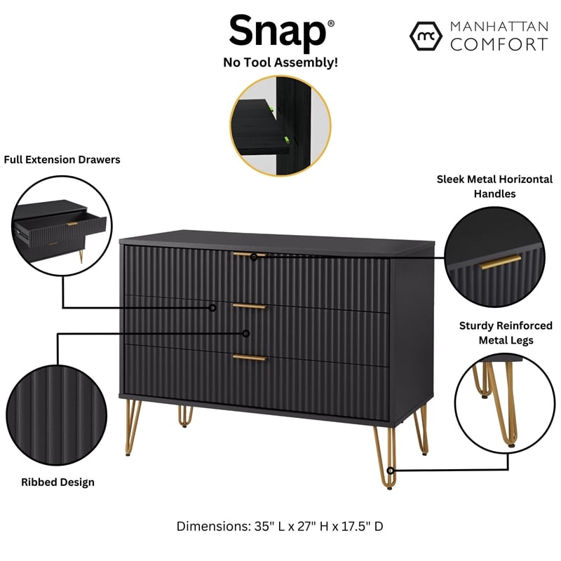DUMBO Modern Engineered Wood Dresser with 3-Drawers in Black