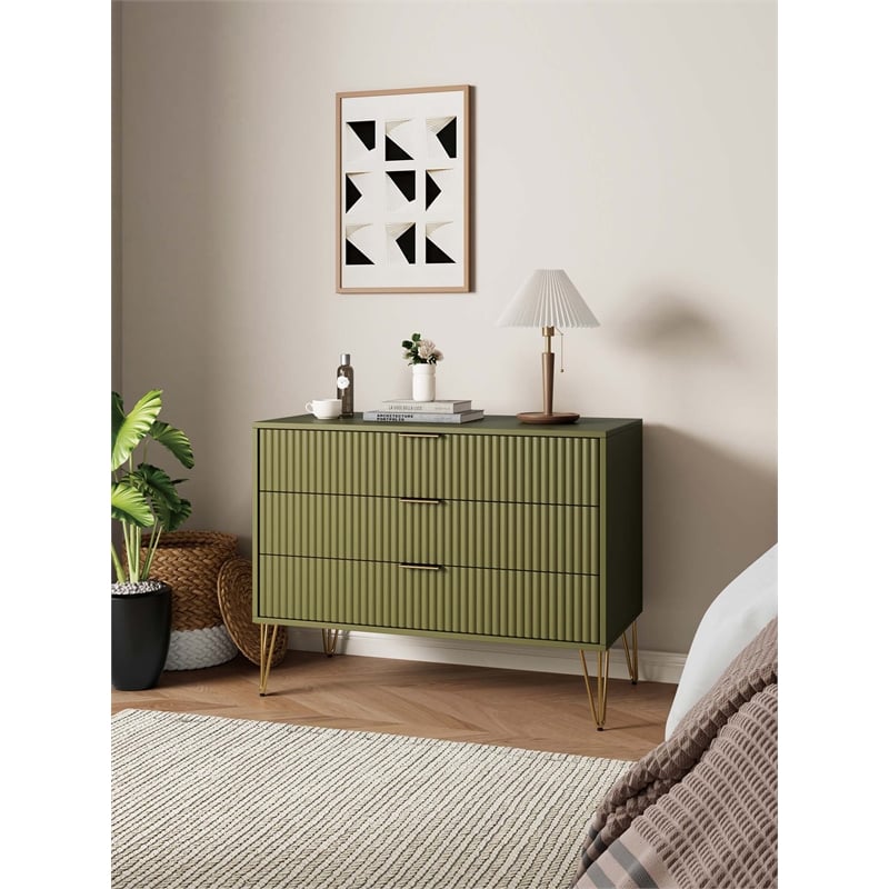 DUMBO Modern Engineered Wood Dresser with 3-Drawers in Olive Green