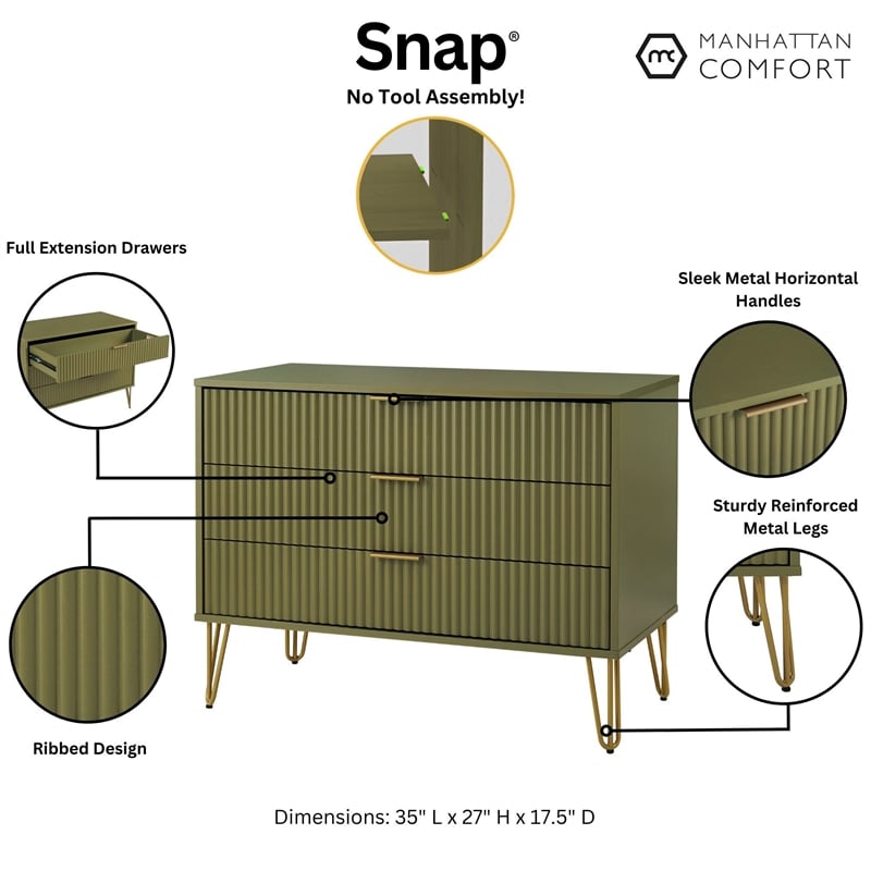 DUMBO Modern Engineered Wood Dresser with 3-Drawers in Olive Green