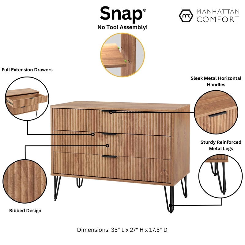 DUMBO Modern Engineered Wood Dresser with 3-Drawers in Golden Brown