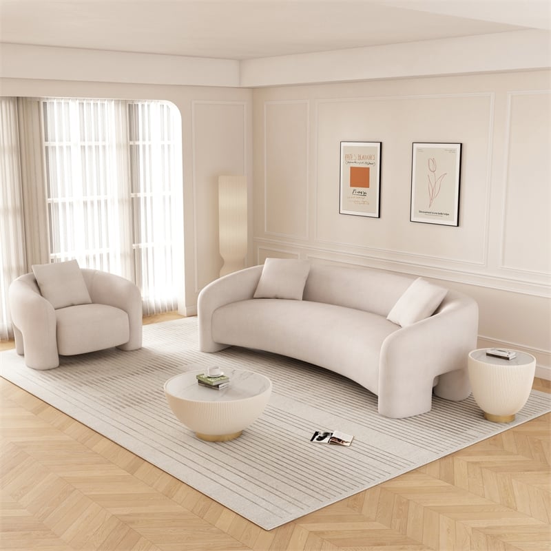 2-Piece Modern Sylvia Tweed Sofa & Accent Chair with Accent Pillows in Beige