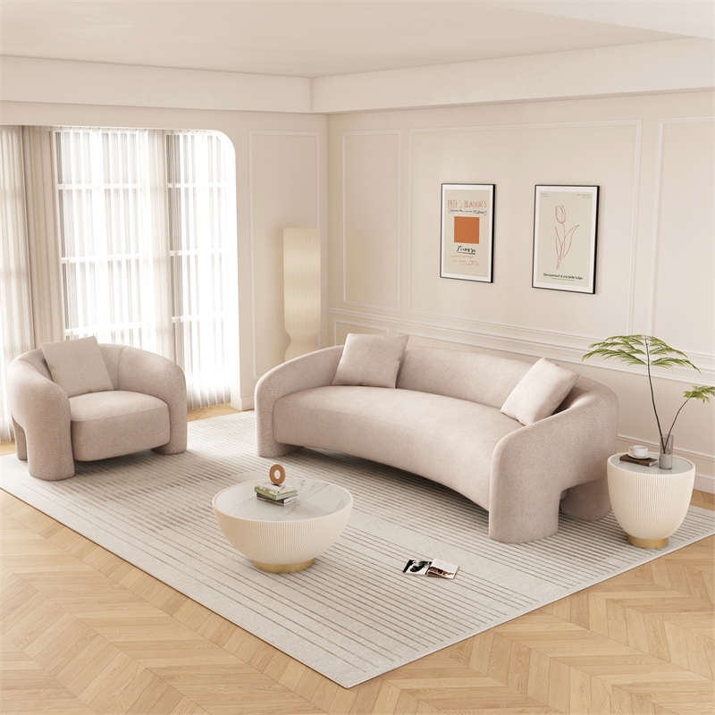 2-Piece Modern Sylvia Tweed Sofa & Accent Chair with Accent Pillows in Gold Dust