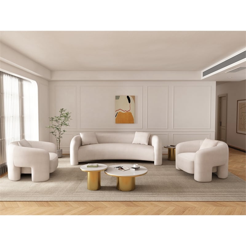 3-Piece Modern Sylvia Tweed Sofa & 2 Accent Chairs with Accent Pillows in Angora