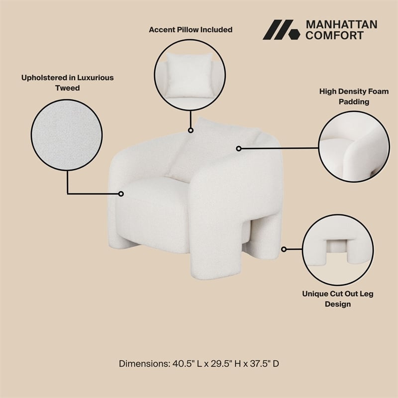 3-Piece Modern Sylvia Tweed Sofa & 2 Accent Chairs with Accent Pillows in Angora