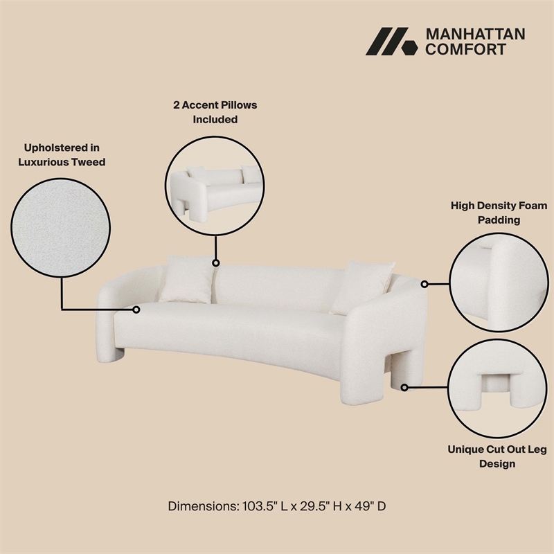 3-Piece Modern Sylvia Tweed Sofa & 2 Accent Chairs with Accent Pillows in Angora