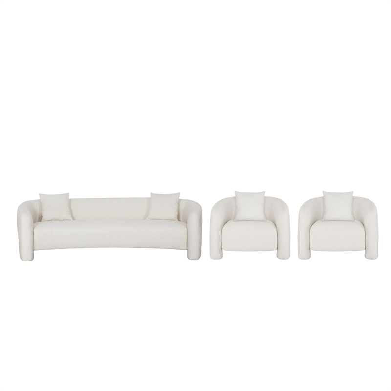 3-Piece Modern Sylvia Tweed Sofa & 2 Accent Chairs with Accent Pillows in Angora