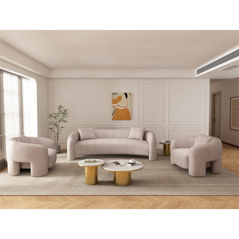 3-Piece Modern Sylvia Tweed Sofa & 2 Accent Chairs with Pillows in Gold Dust