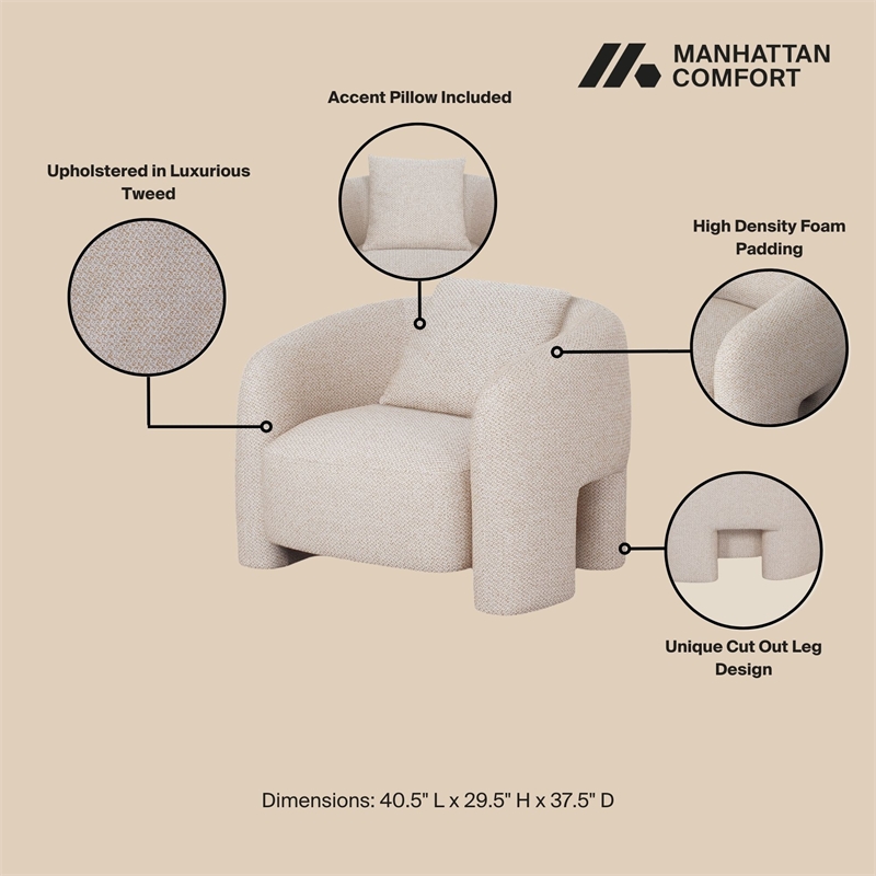 3-Piece Modern Sylvia Tweed Sofa & 2 Accent Chairs with Pillows in Gold Dust