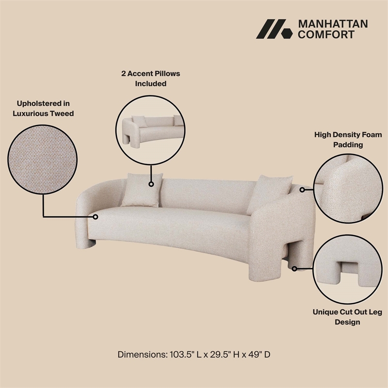 3-Piece Modern Sylvia Tweed Sofa & 2 Accent Chairs with Pillows in Gold Dust