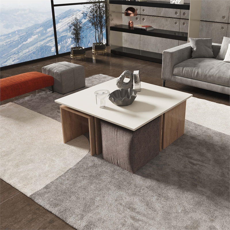 Haley Mid-Century Modern Nested Coffee Table & Ottoman Set in Natural & Beige