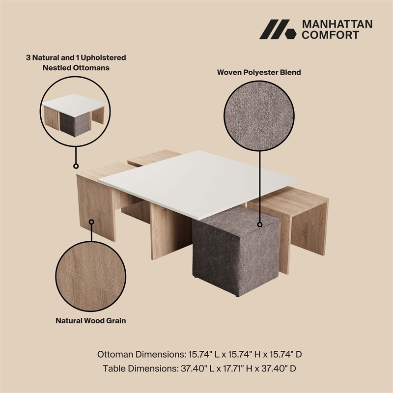 Haley Mid-Century Modern Nested Coffee Table & Ottoman Set in Natural & Beige