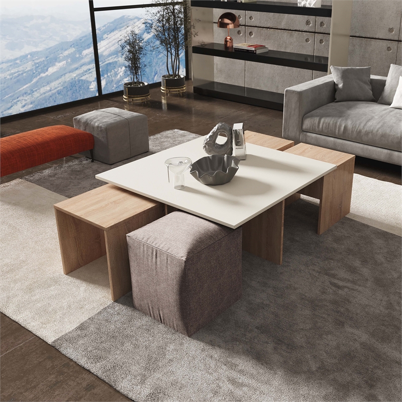 Haley Mid-Century Modern Nested Coffee Table & Ottoman Set in Natural & Beige