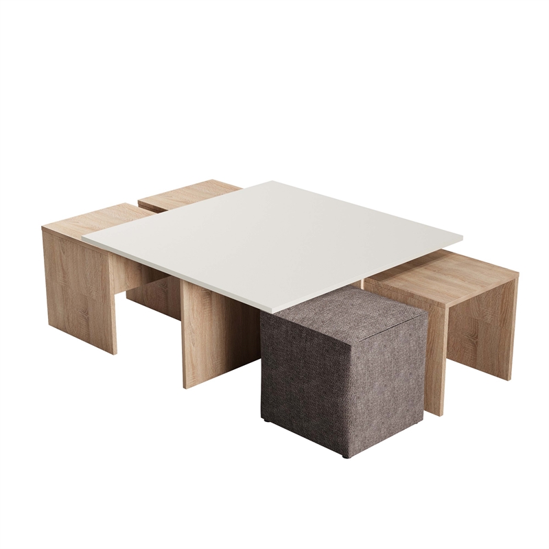 Haley Mid-Century Modern Nested Coffee Table & Ottoman Set in Natural & Beige