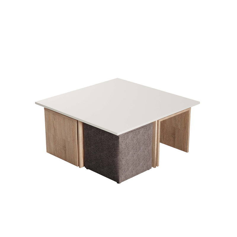 Haley Mid-Century Modern Nested Coffee Table & Ottoman Set in Natural & Beige