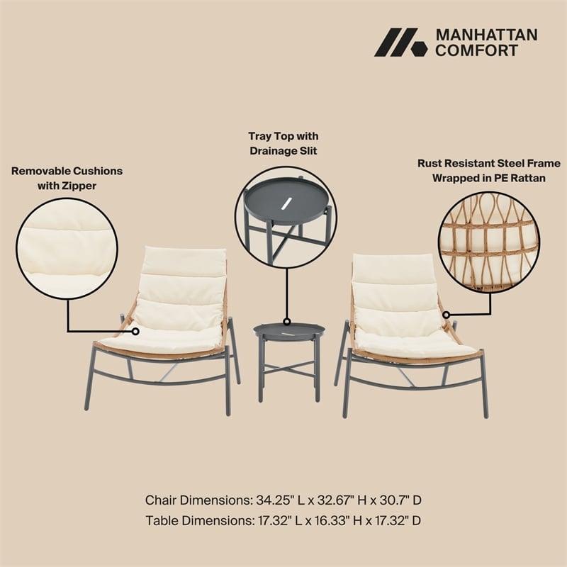 Manhattan Comfort Sunset Modern 3-Piece Patio Conversation Set in Cream