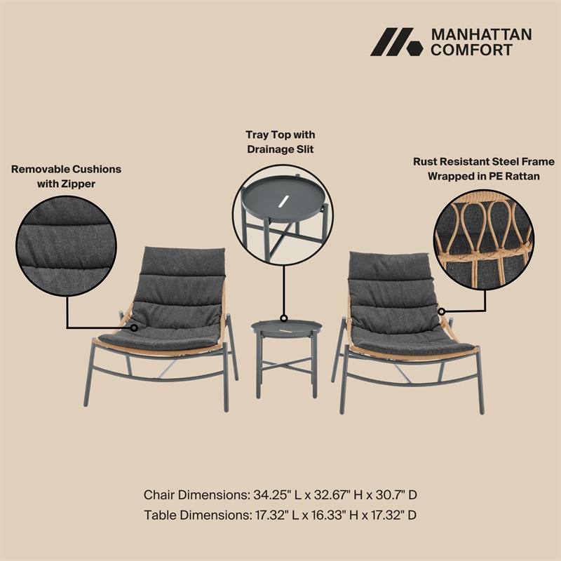 Manhattan Comfort Sunset Modern 3-Piece Patio Conversation Set in Gray